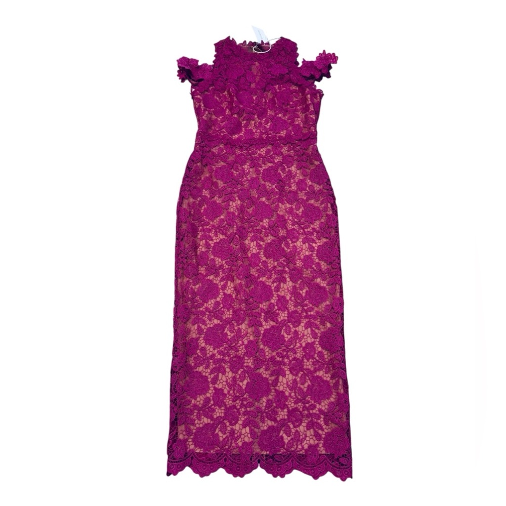 MARCHESA NOTTE***Elegant Guipure Lace Magenta Midi Dress***US 6***$795